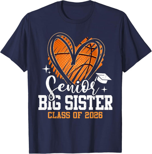 Senior Big Sister Class of 2026 Basketball Graduation Heart T-Shirt - T-Shirt | Navy