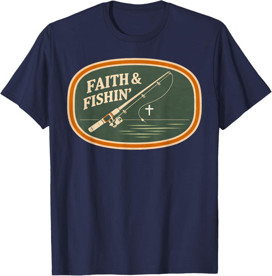 Faith and Fishing Christian Fisherman Retro Outdoors Men's T-Shirt - T-Shirt | Navy