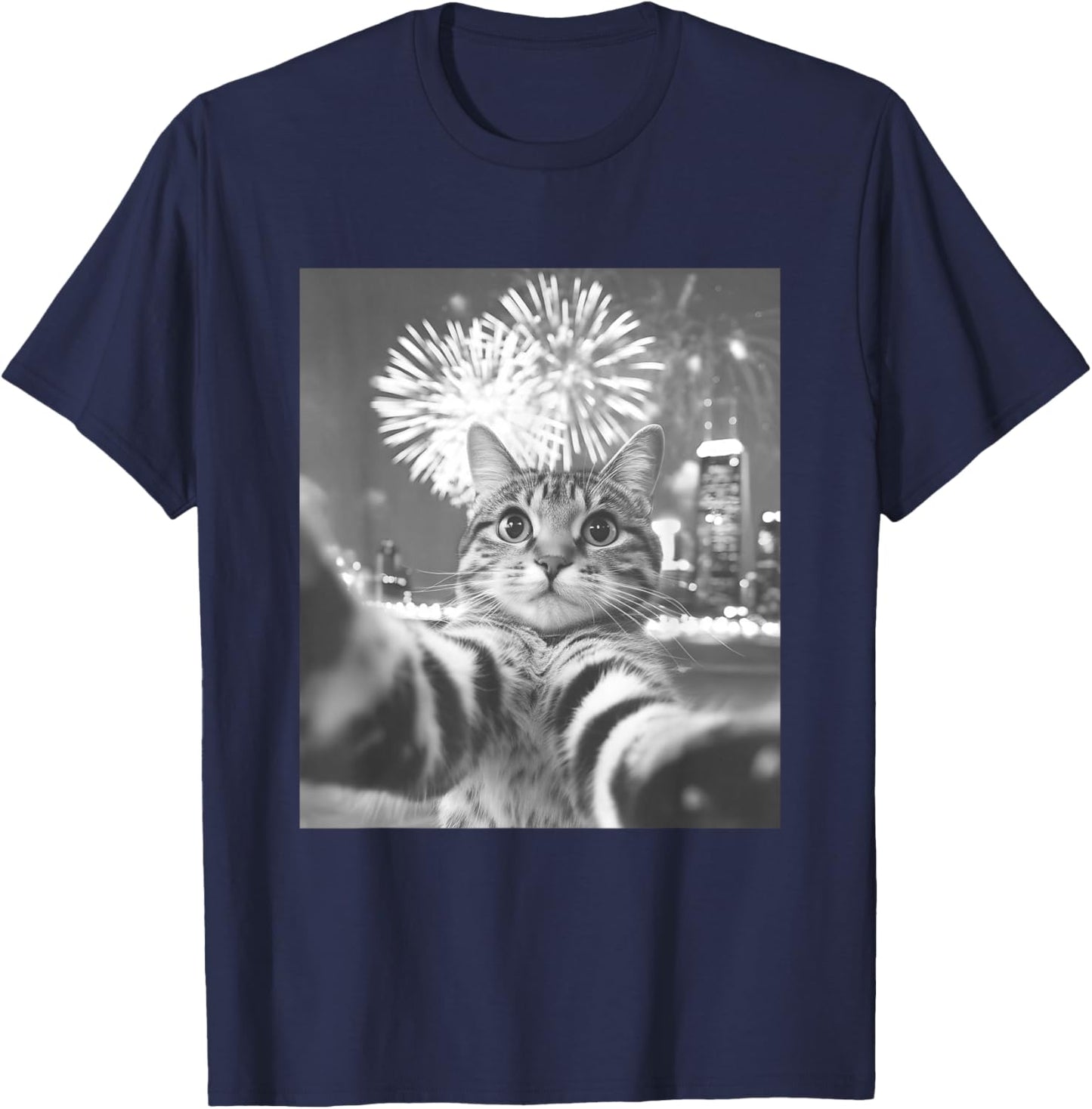 Funny Cat Selfie New Year Firework T-Shirt - T-Shirt | Navy
