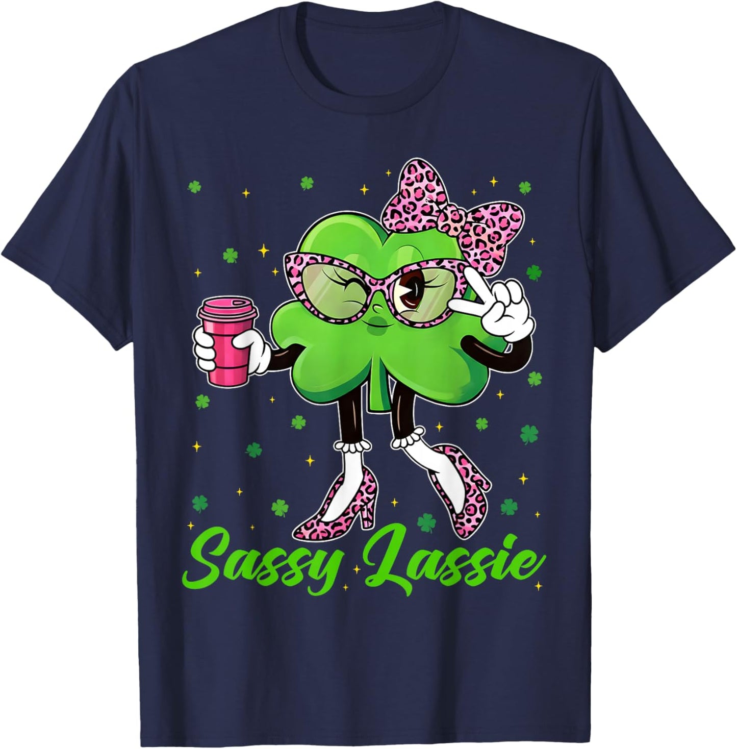 Funny Sassy Lassie Shamrock Leopard St Patricks Women Girl T-Shirt - T-Shirt | Navy
