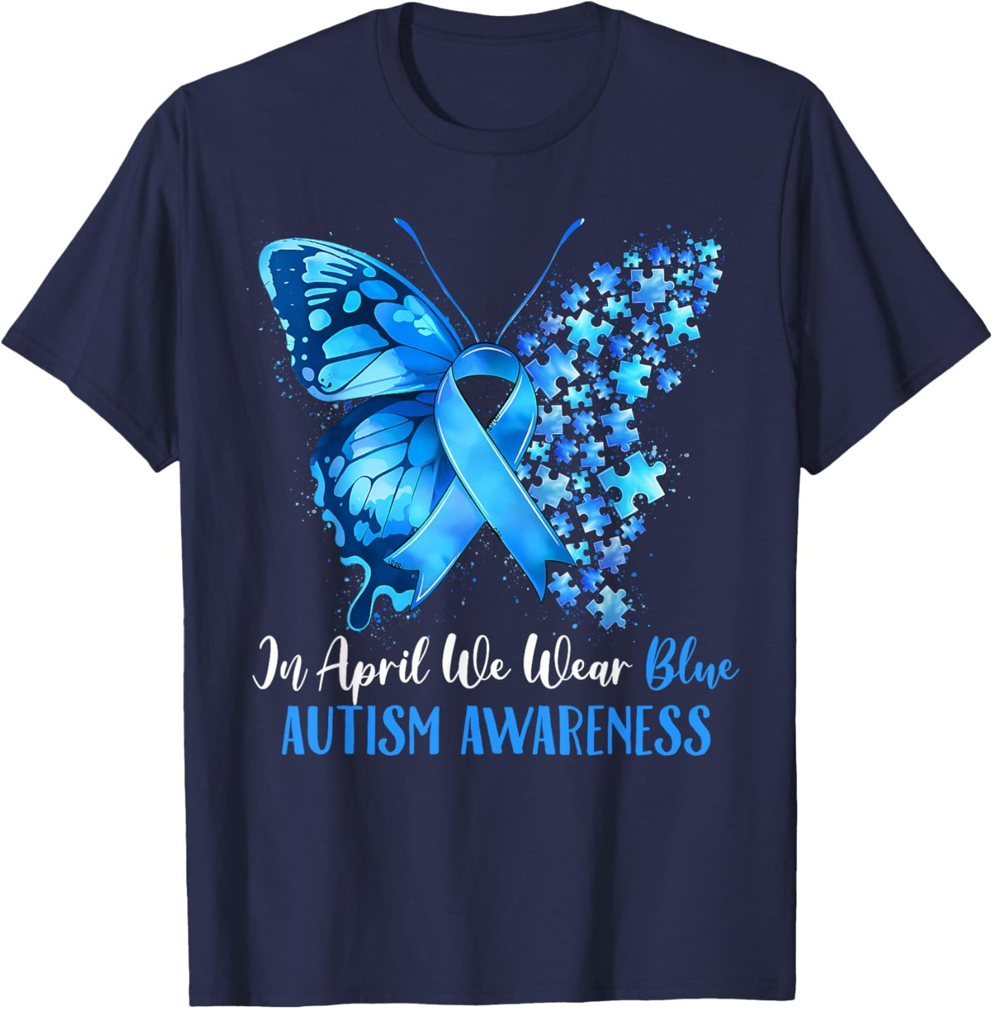 in April We Wear Blue Autism Awareness Butterfly Puzzle T-Shirt - T-Shirt | Navy