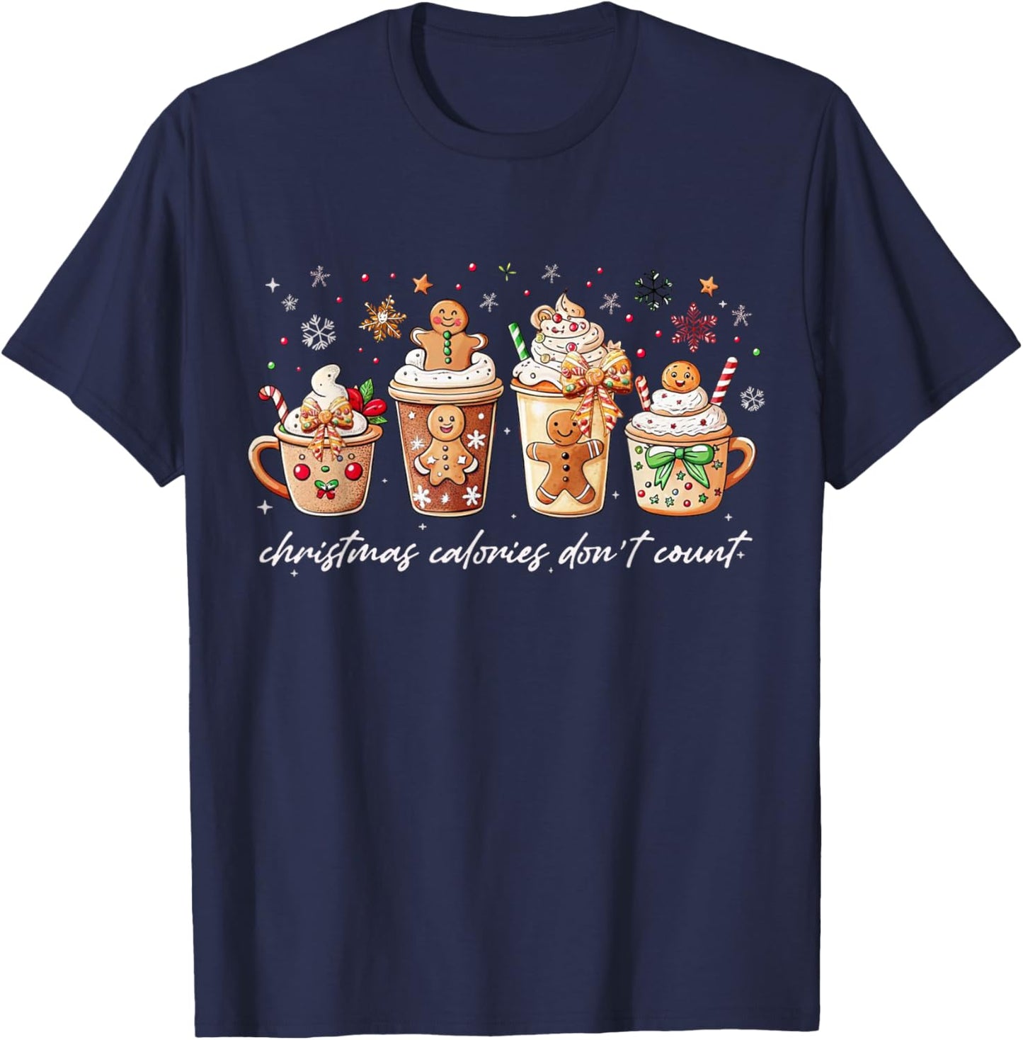 Christmas Calories Don't Count Iced Coffee Gingerbread Bow T-Shirt - T-Shirt | Navy