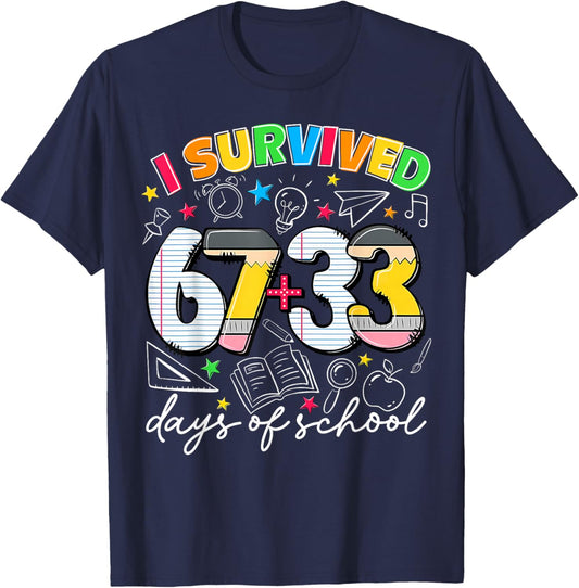 Preppy I Survived 67 + 33 100 Day of School Boy Girl T-Shirt - T-Shirt | Navy