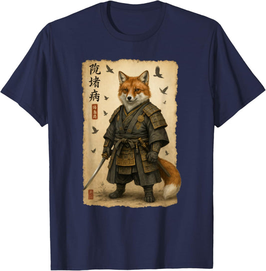 Fox Samurai Art Japanese Vintage T-Shirt - T-Shirt | Navy