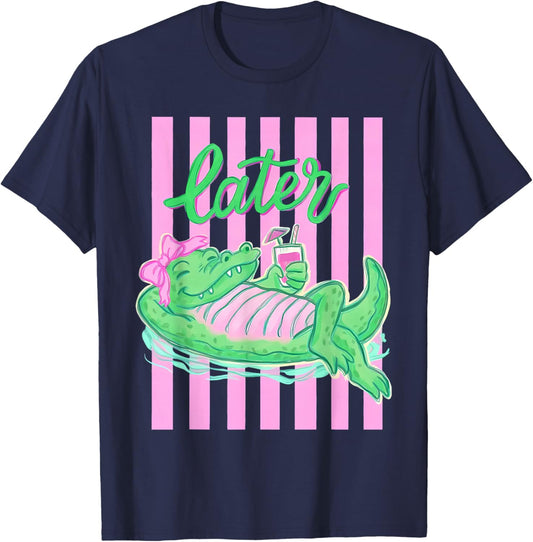 Retro Striped Everyday Later Gator Alligator Summer Coastal T-Shirt - T-Shirt | Navy