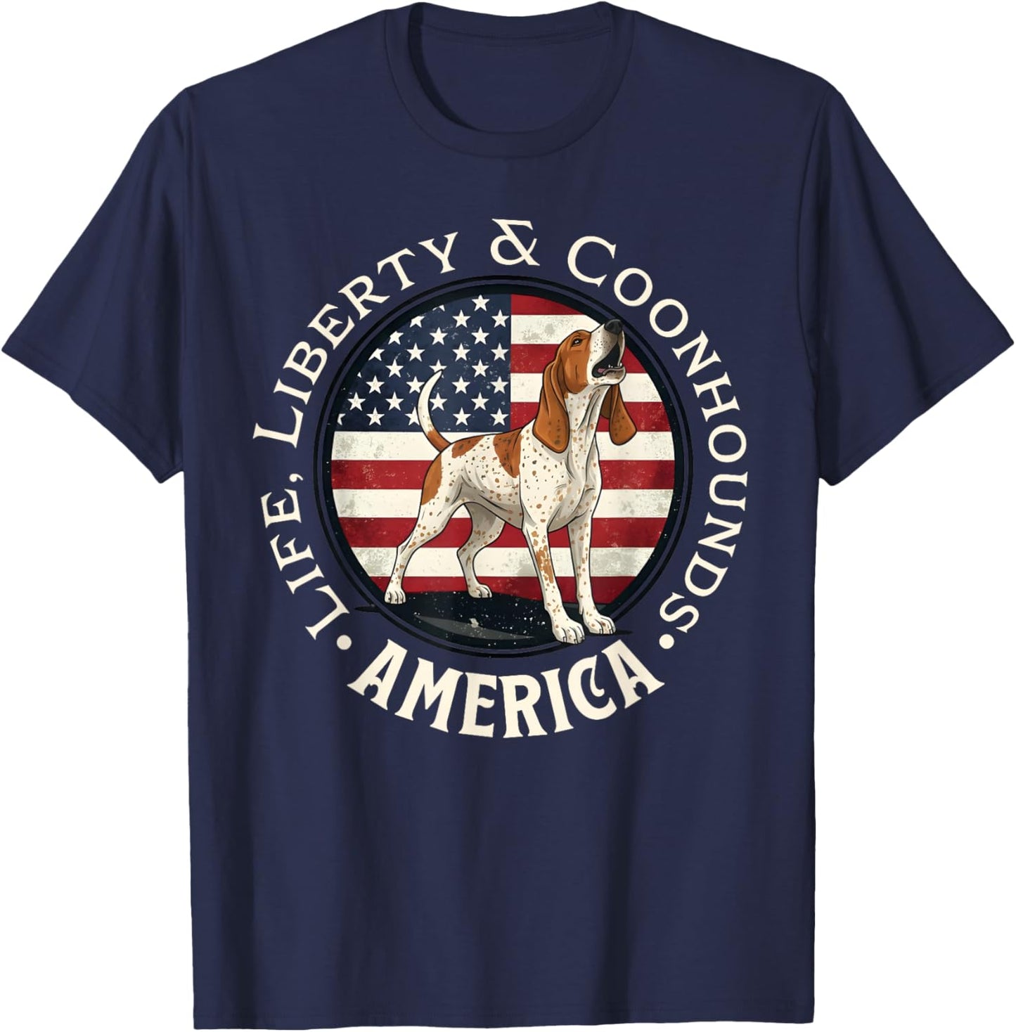 Life, Liberty and Coonhounds, America: Braying Redtick T-Shirt - T-Shirt | Navy