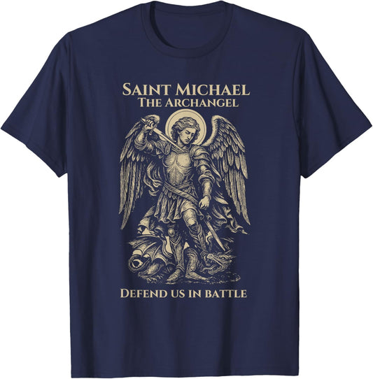 Saint Michael Defend Us in Battle Archangel Christian T-Shirt - T-Shirt | Navy