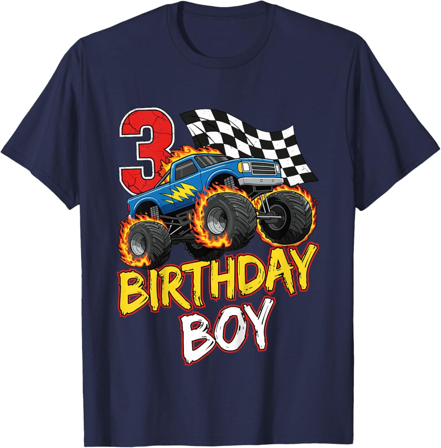 Kids Birthday Monster Truck 3 Year Old Boys 3rd Party Born 2023 T-Shirt - T-Shirt | Navy