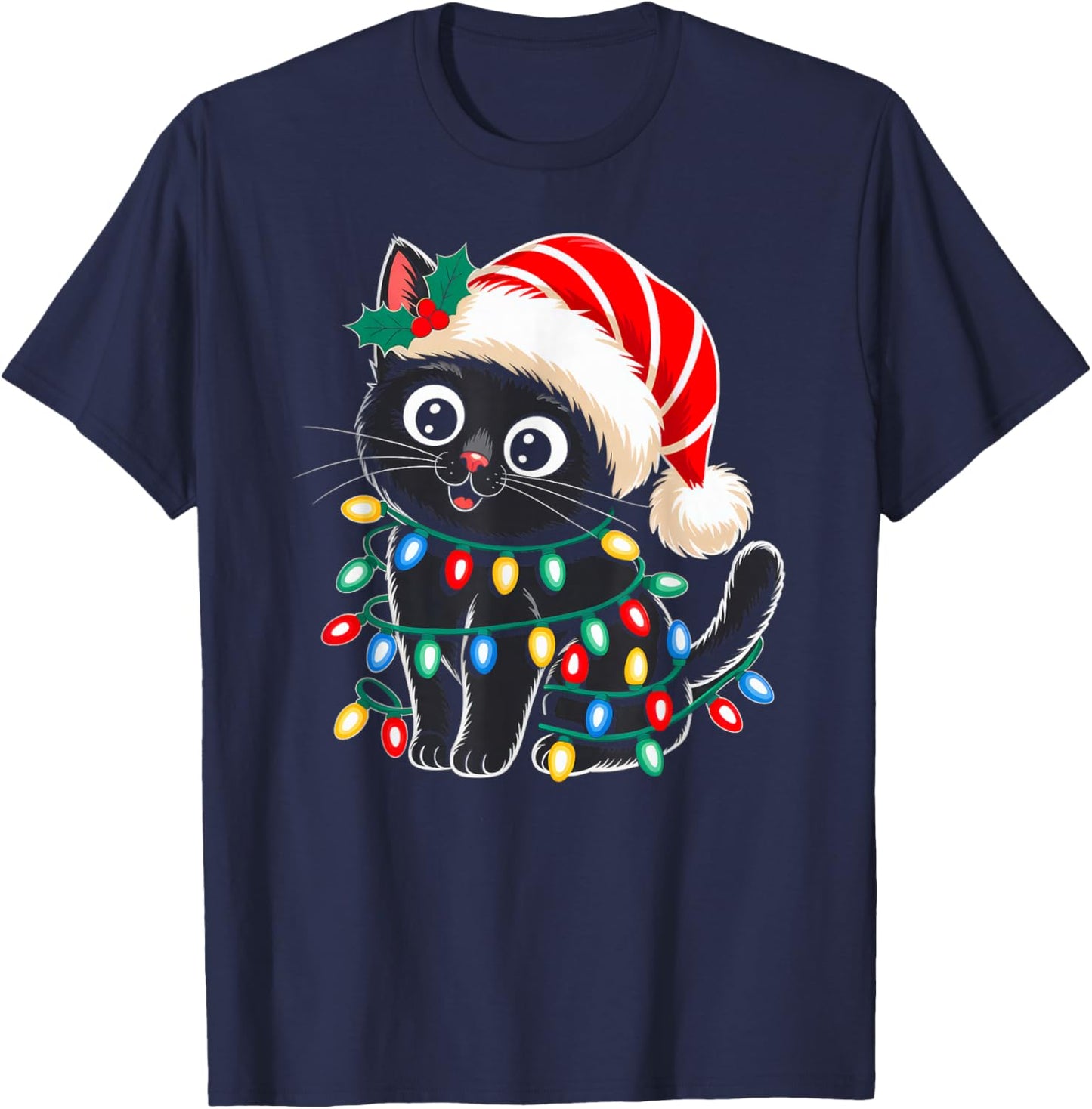 Black Cat Christmas Lights Santa Hat Xmas Pajamas Cat Lover T-Shirt - T-Shirt | Navy