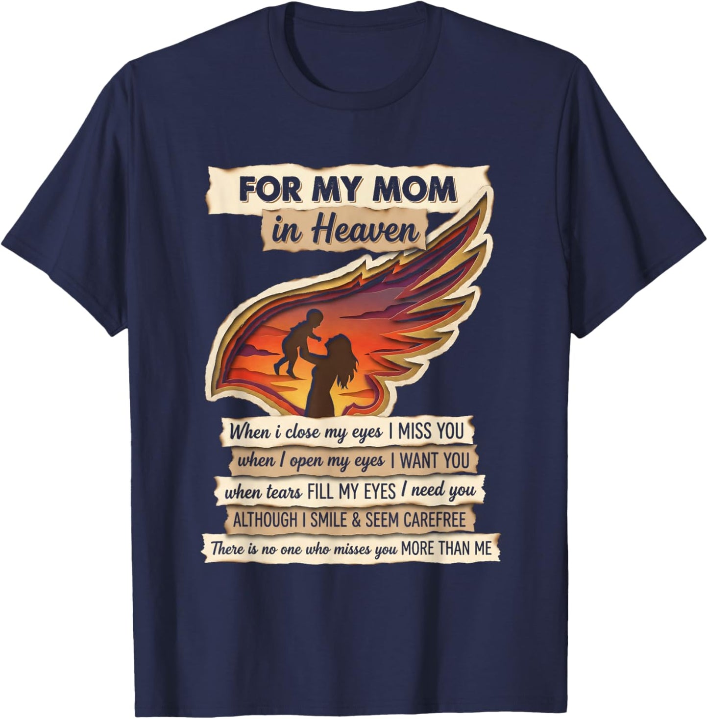 for My Mom in Heaven Missing You Remembrance Angel Wing T-Shirt - T-Shirt | Navy