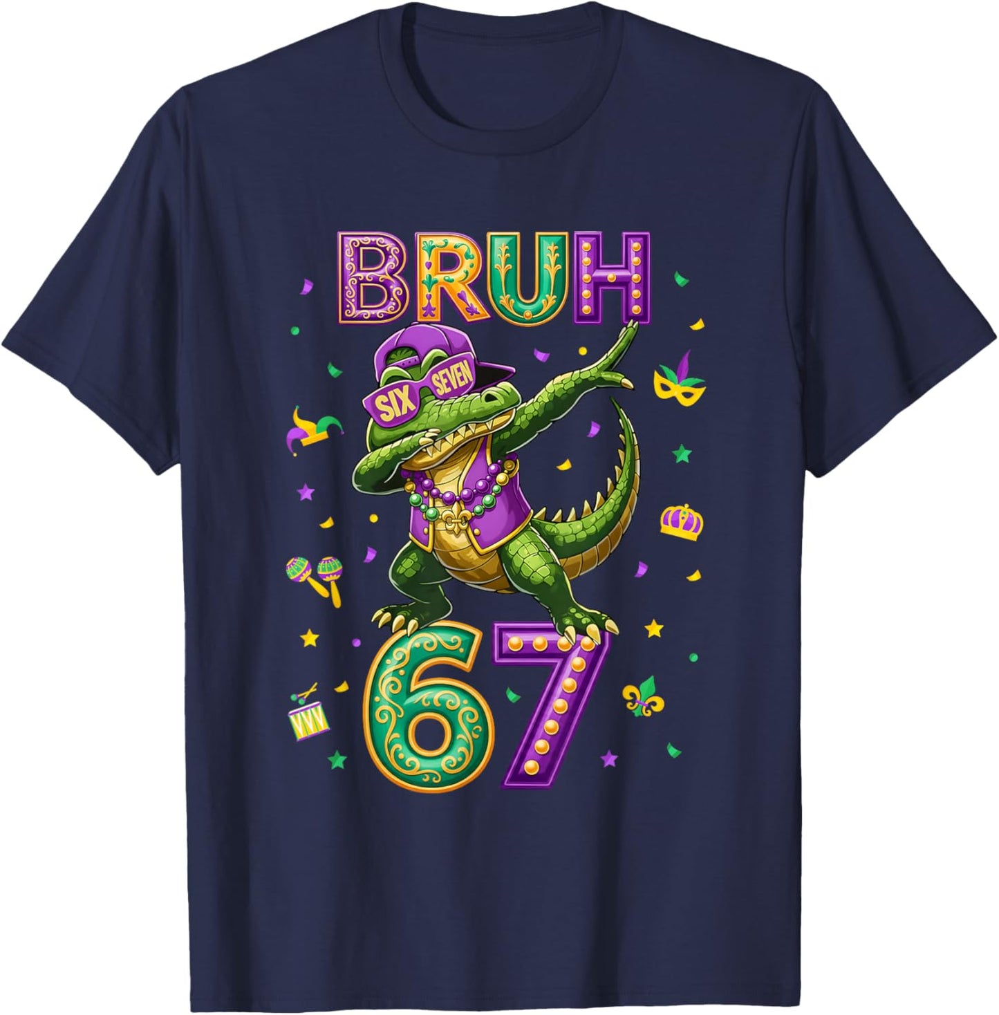 Mardi Gras Six Seven Bruh Mardigator Alligator 6 7 Meme Boys T-Shirt - T-Shirt | Navy