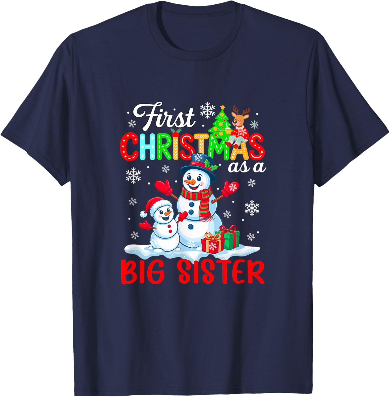 First Xmas As A Big Sister Snowmen Family Expecting Baby T-Shirt - T-Shirt | Navy