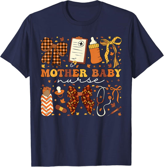 Postpartum Fall Coquette Mother Baby Nurse Thanksgiving T-Shirt - T-Shirt | Navy