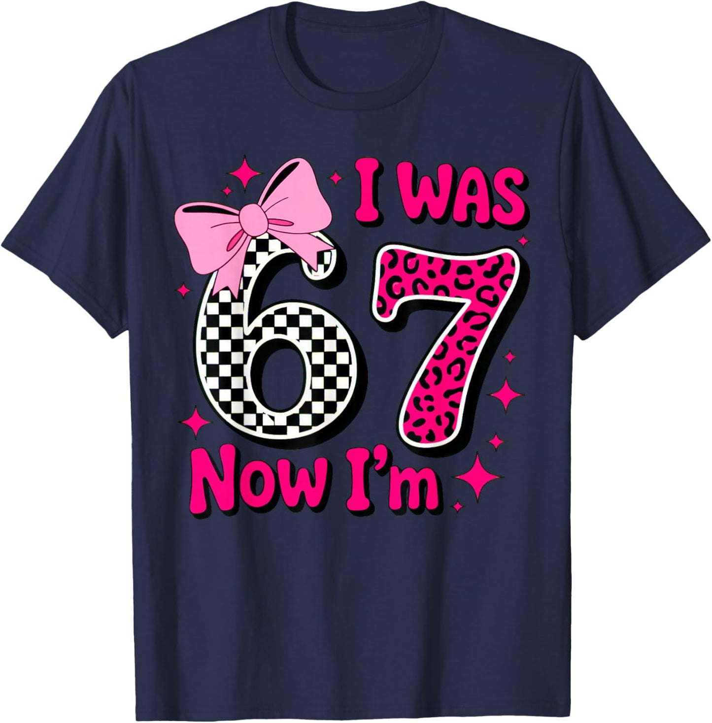 I was 6 Now I'm 7 Birthday 7 Years Old Leopard Coquette Bow T-Shirt - T-Shirt | Navy