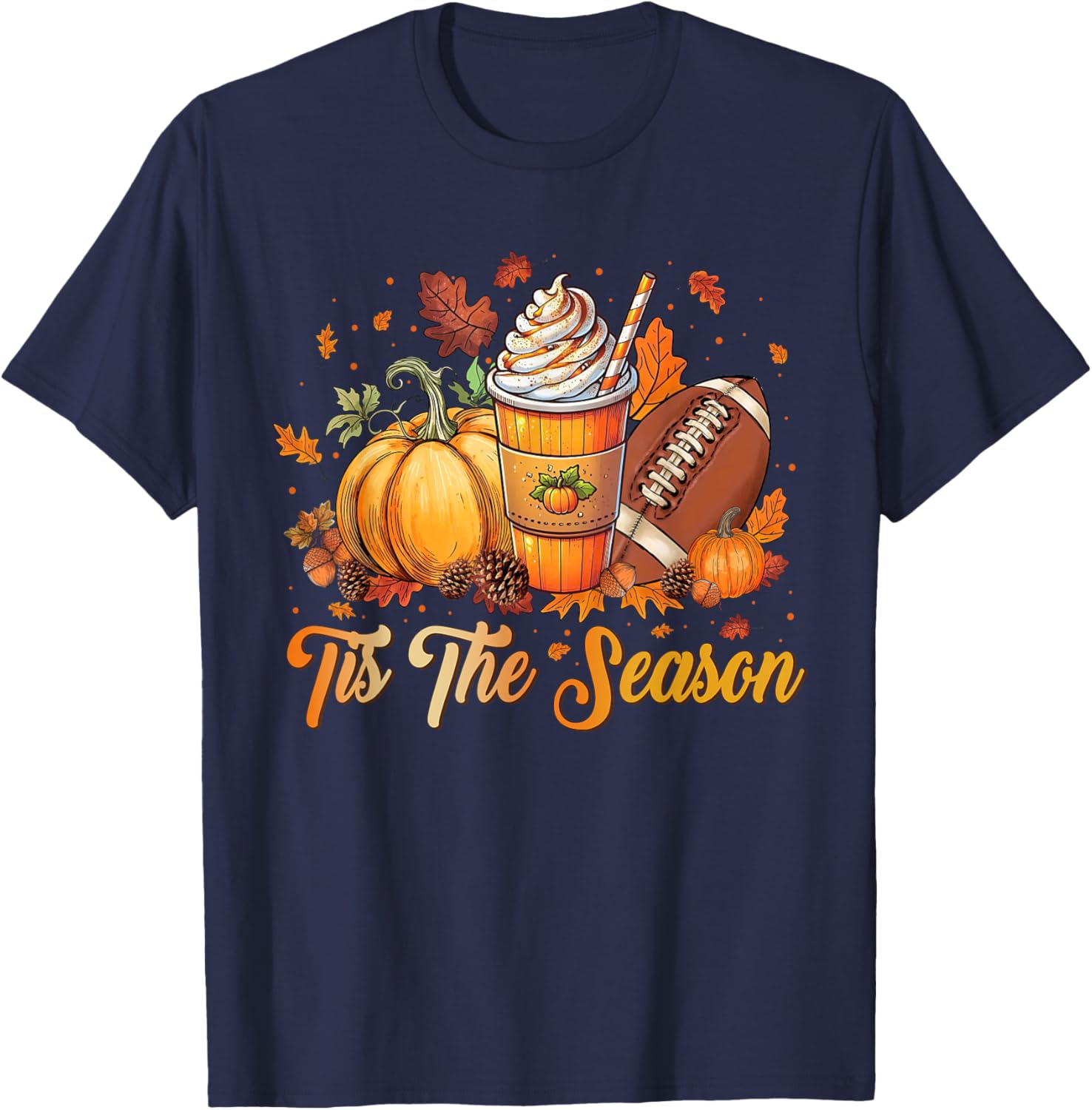 Pumpkin Spice Football Tis The Season Fall Thanksgiving T-Shirt - T-Shirt | Navy