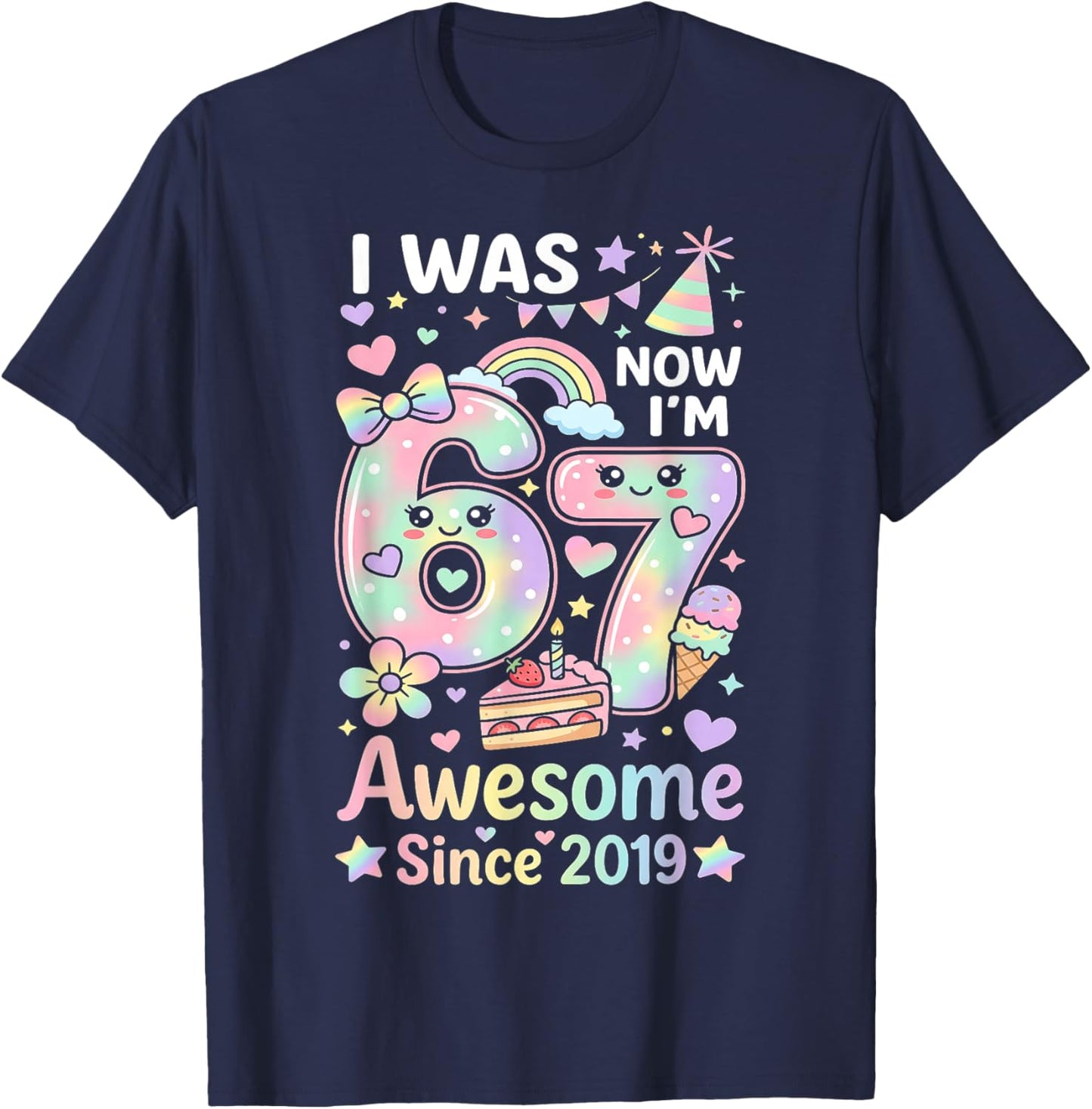 I was 6 Now I'm 7 Kawaii Tie Dye Rainbow 6 7 Birthday Girls T-Shirt - T-Shirt | Navy