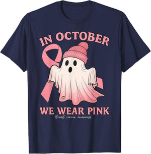Breast Cancer Awareness Fighter Cute Pink Ghost Witch Pumpki T-Shirt - T-Shirt | Navy