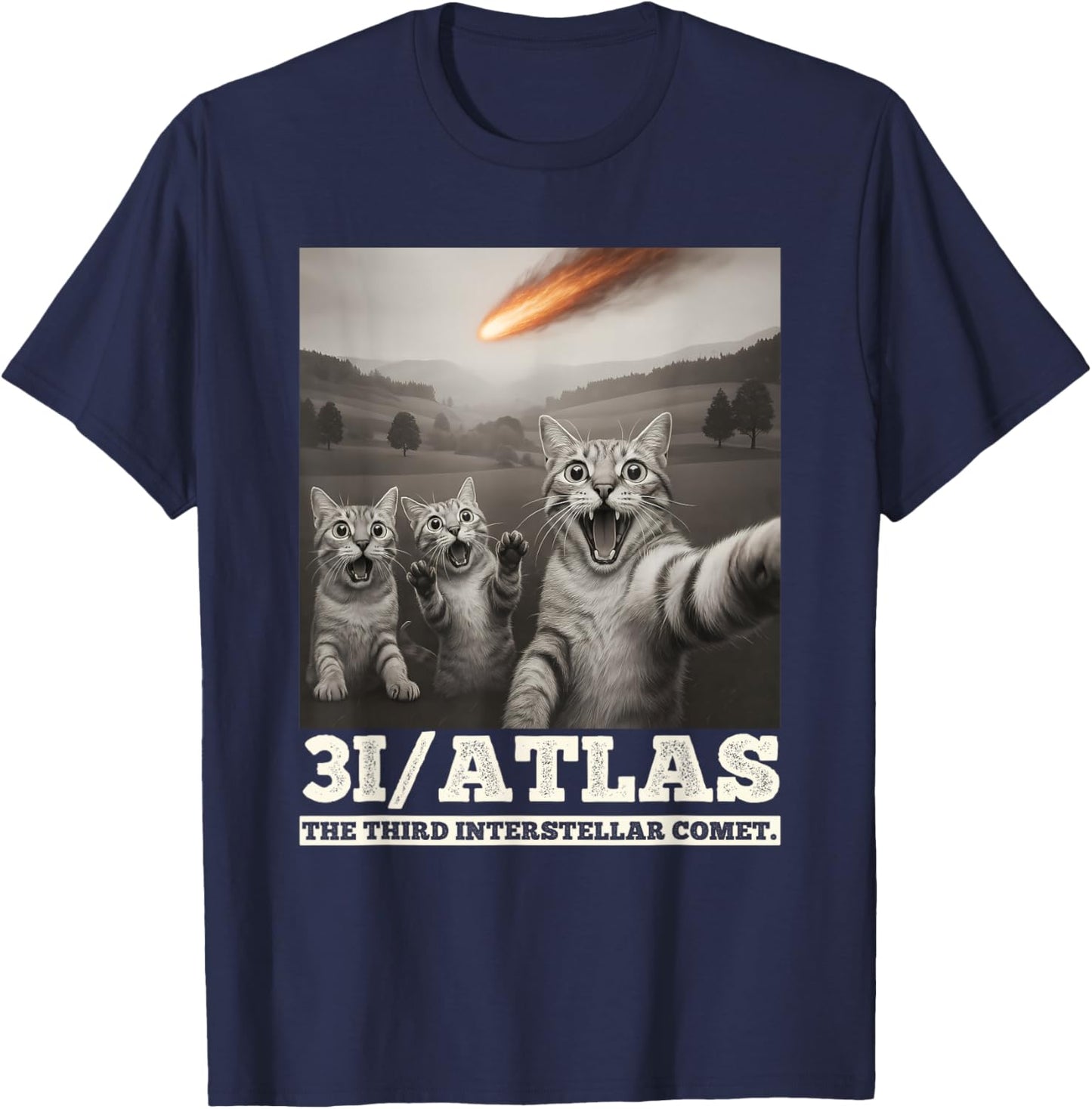 Funny Cats Selfie with Interstellar Comet 3i/Atlas C/2025 N1 T-Shirt - T-Shirt | Navy