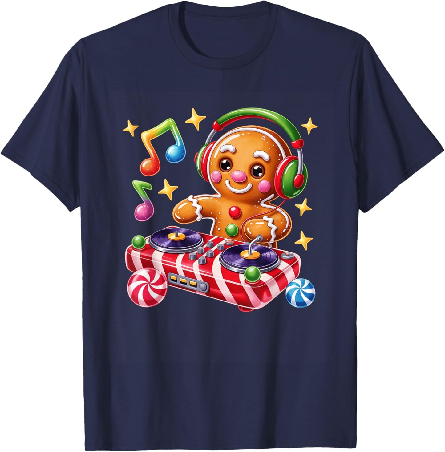 DJ Gingerbread Holiday Cheer Music Vibes T-Shirt - T-Shirt | Navy