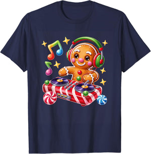 DJ Gingerbread Holiday Cheer Music Vibes T-Shirt - T-Shirt | Navy