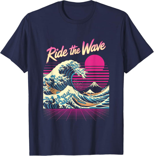 Ride The Wave Retro Surf Synthwave Ocean Sunset T-Shirt - T-Shirt | Navy