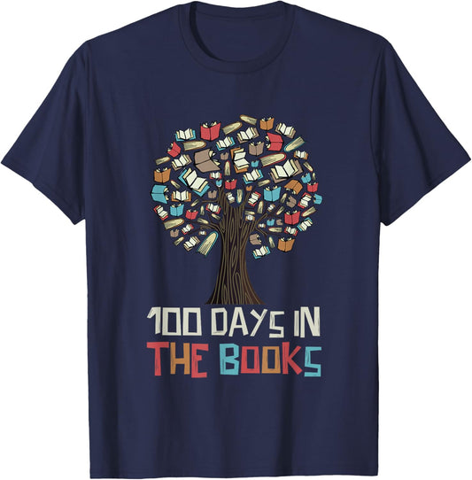 100 Days in The Books Tree Reading Teacher Student 100th Day T-Shirt - T-Shirt | Navy