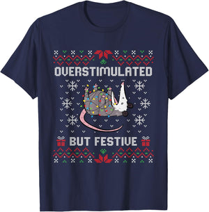 Overstimulated But Festive Possum Ugly Christmas T-Shirt - T-Shirt | Navy