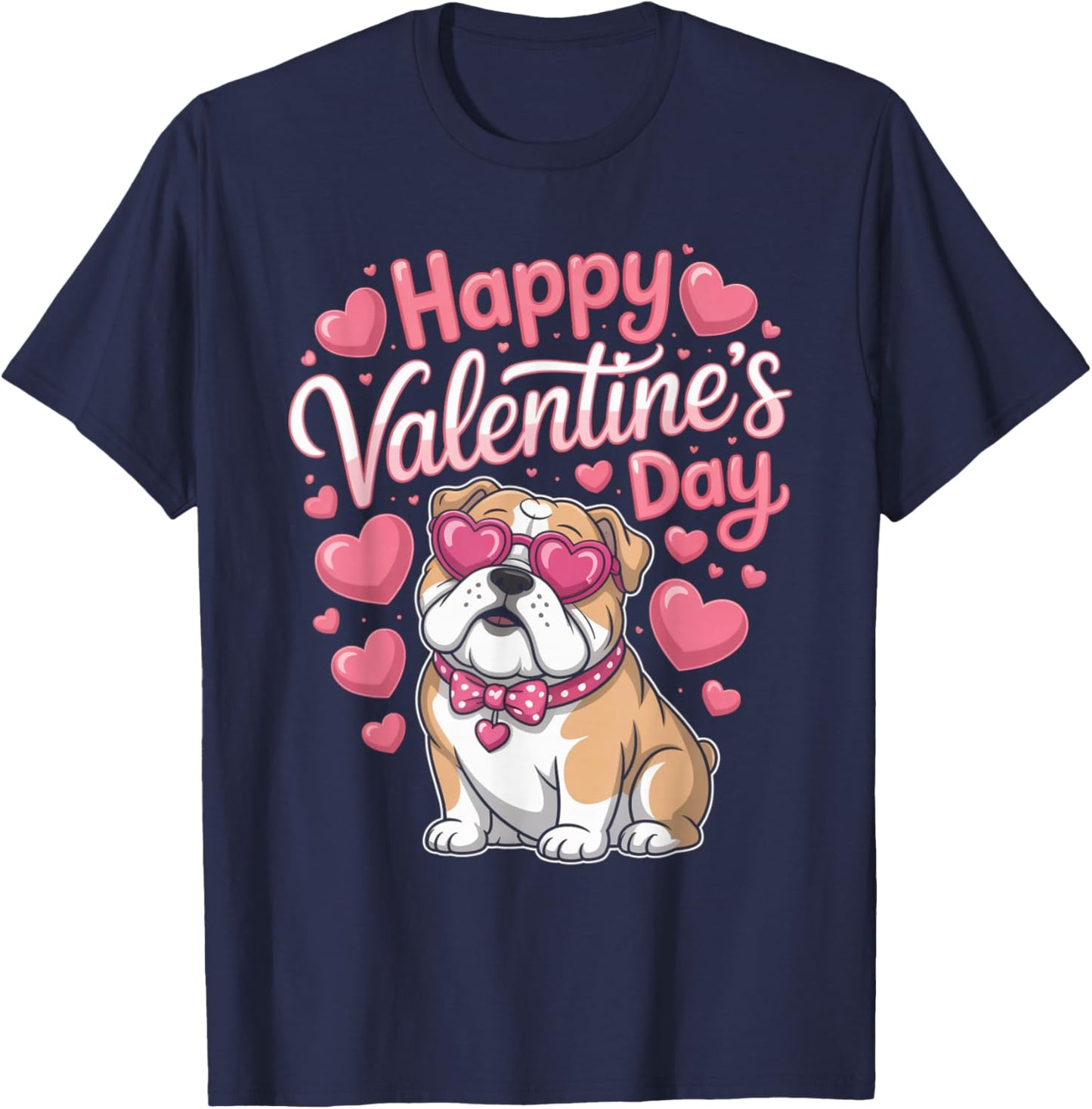 Happy Valentine’s Day Bulldog with Hearts Cute Dog T-Shirt - T-Shirt | Navy
