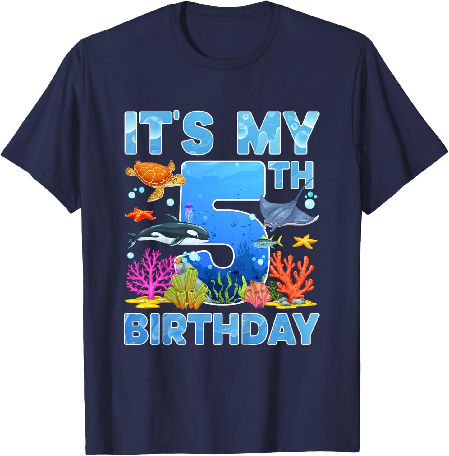 Fifth Ocean Birthday Party 5 Year Old Sea Animals T-Shirt - T-Shirt | Navy