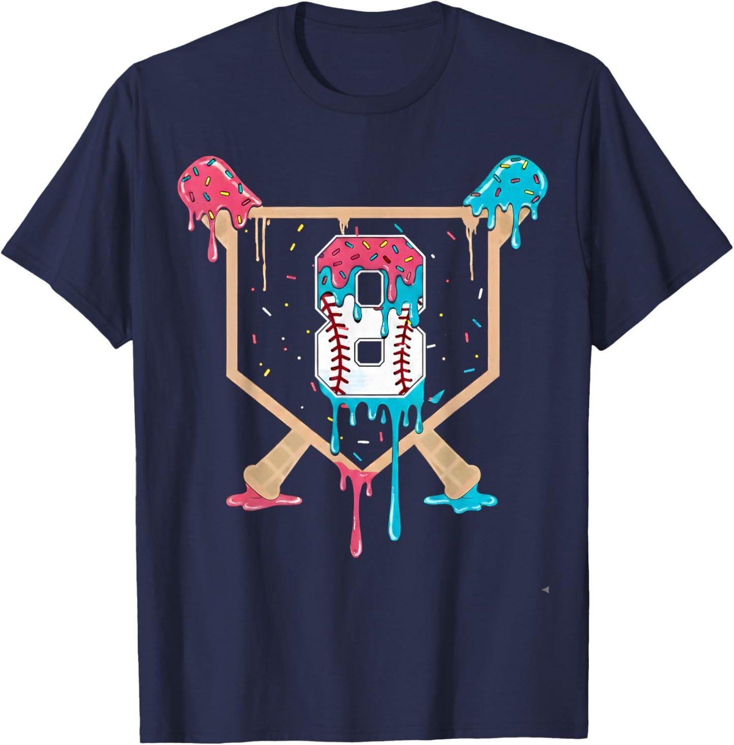 Baseball 8 Year Old Ice Cream Drip 8th Birthday Boys Player T-Shirt - T-Shirt | Navy