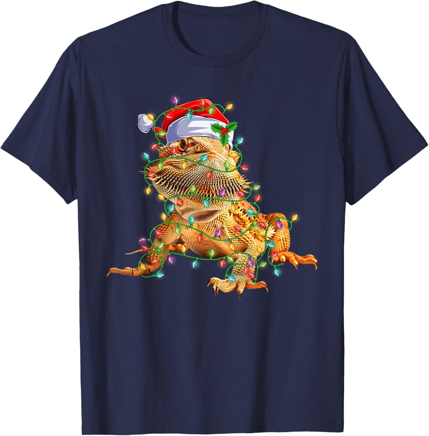 Bearded Dragon Santa Hat Xmas Lights Merry Christmas Kids T-Shirt - T-Shirt | Navy
