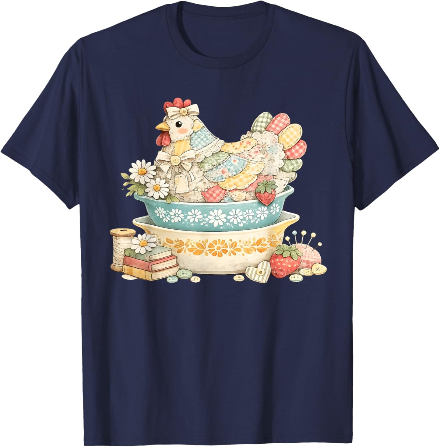 Patchwork Vintage Hen, Quilted Chicken Pyrex T-Shirt - T-Shirt | Navy