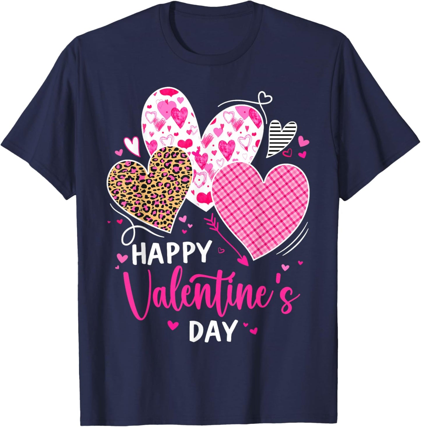 Happy Valentine's Day Leopard and Plaid Hearts Girls Women T-Shirt - T-Shirt | Navy
