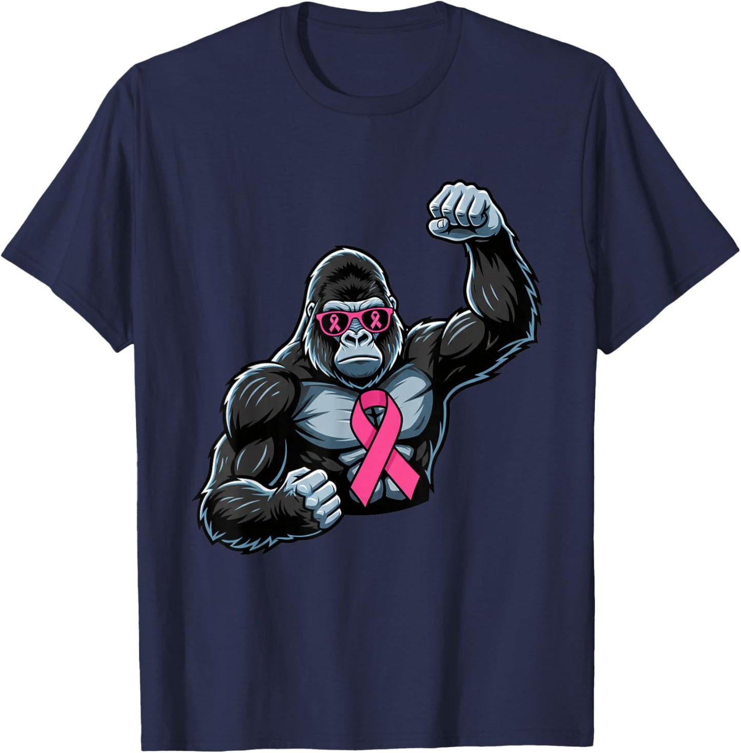 Breast Cancer Awareness Gorilla, Pink Ribbon Strength & Sol T-Shirt - T-Shirt | Navy