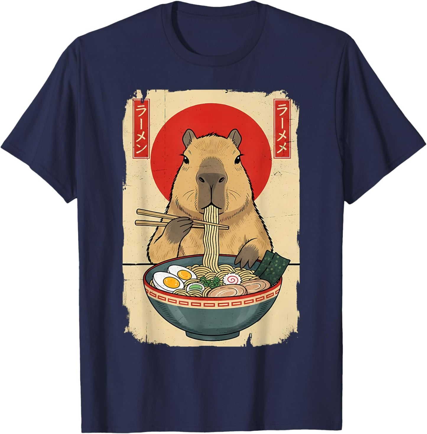 Capybara Eating Ramen Noodles Funny Vintage Japanese Anime T-Shirt - T-Shirt | Navy