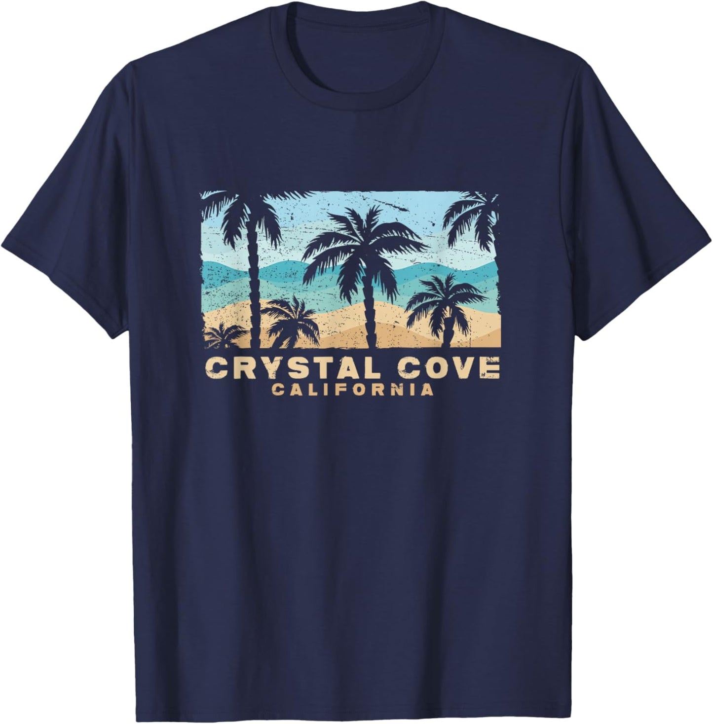 Crystal Cove California Retro Palm Beach Coastal Art T-Shirt - T-Shirt | Navy