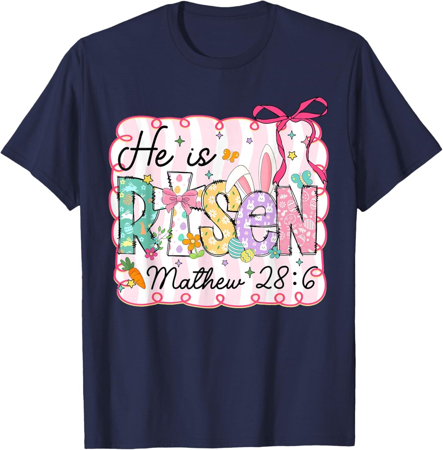 Easter Preppy He is Risen Cross Bow Christian Women Girls T-Shirt - T-Shirt | Navy