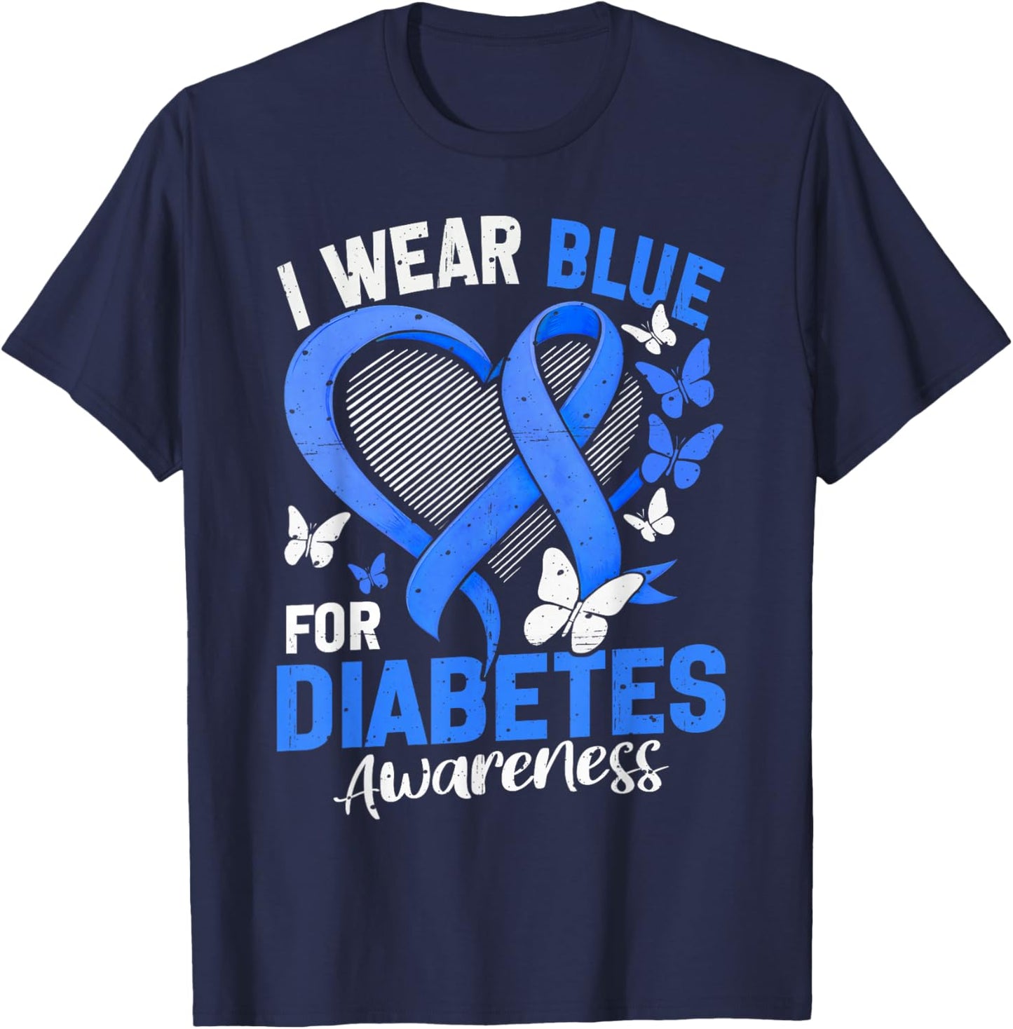 I Wear Blue for Diabetes Awareness Butterfly Heart Ribbon T-Shirt - T-Shirt | Navy