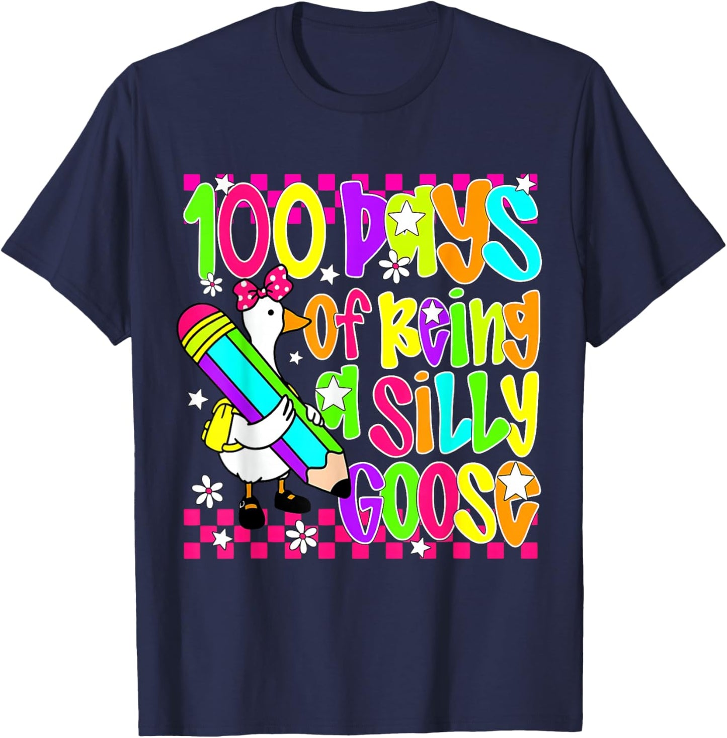 Floral Checkered 100 Days of Being A Silly School Goose T-Shirt - T-Shirt | Navy