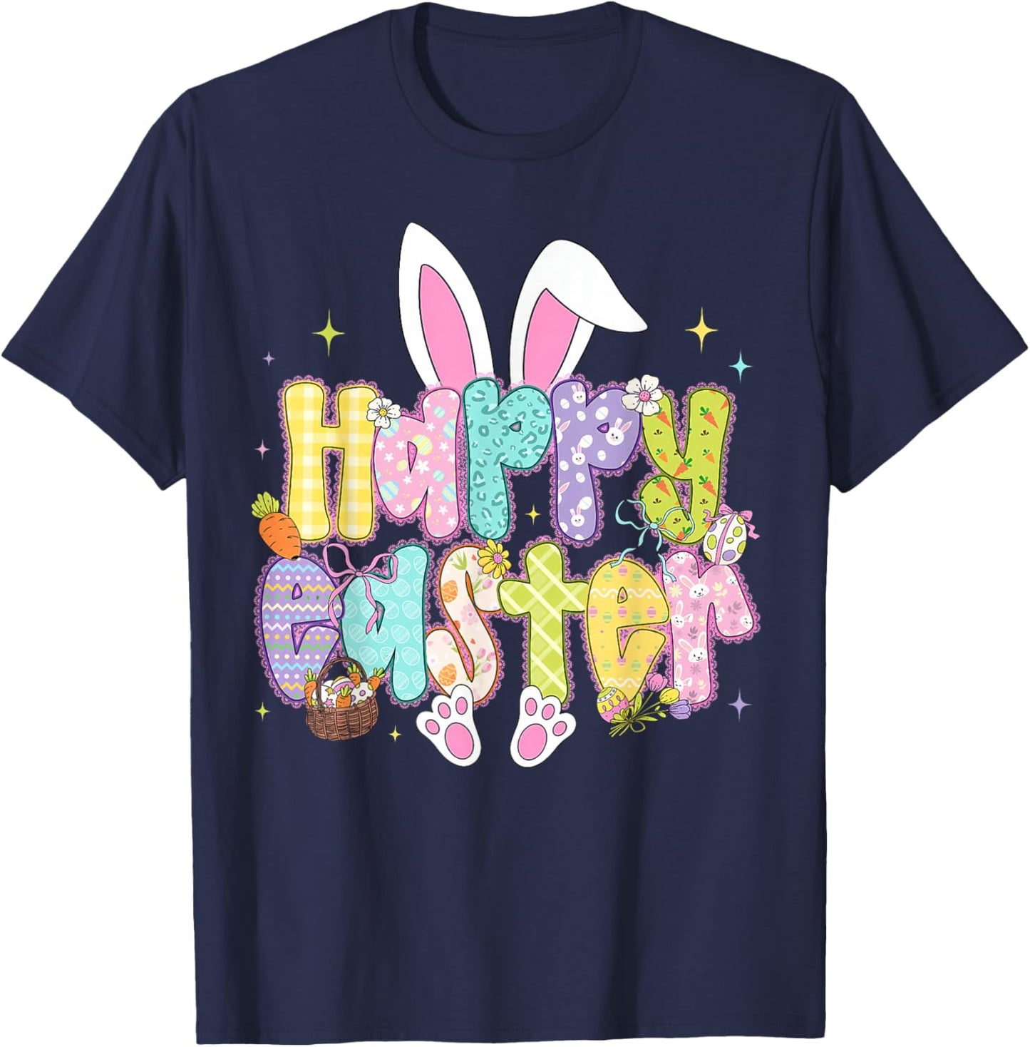 Preppy Brushstroke Happy Easter Coquette Bunny Easter Bow T-Shirt - T-Shirt | Navy
