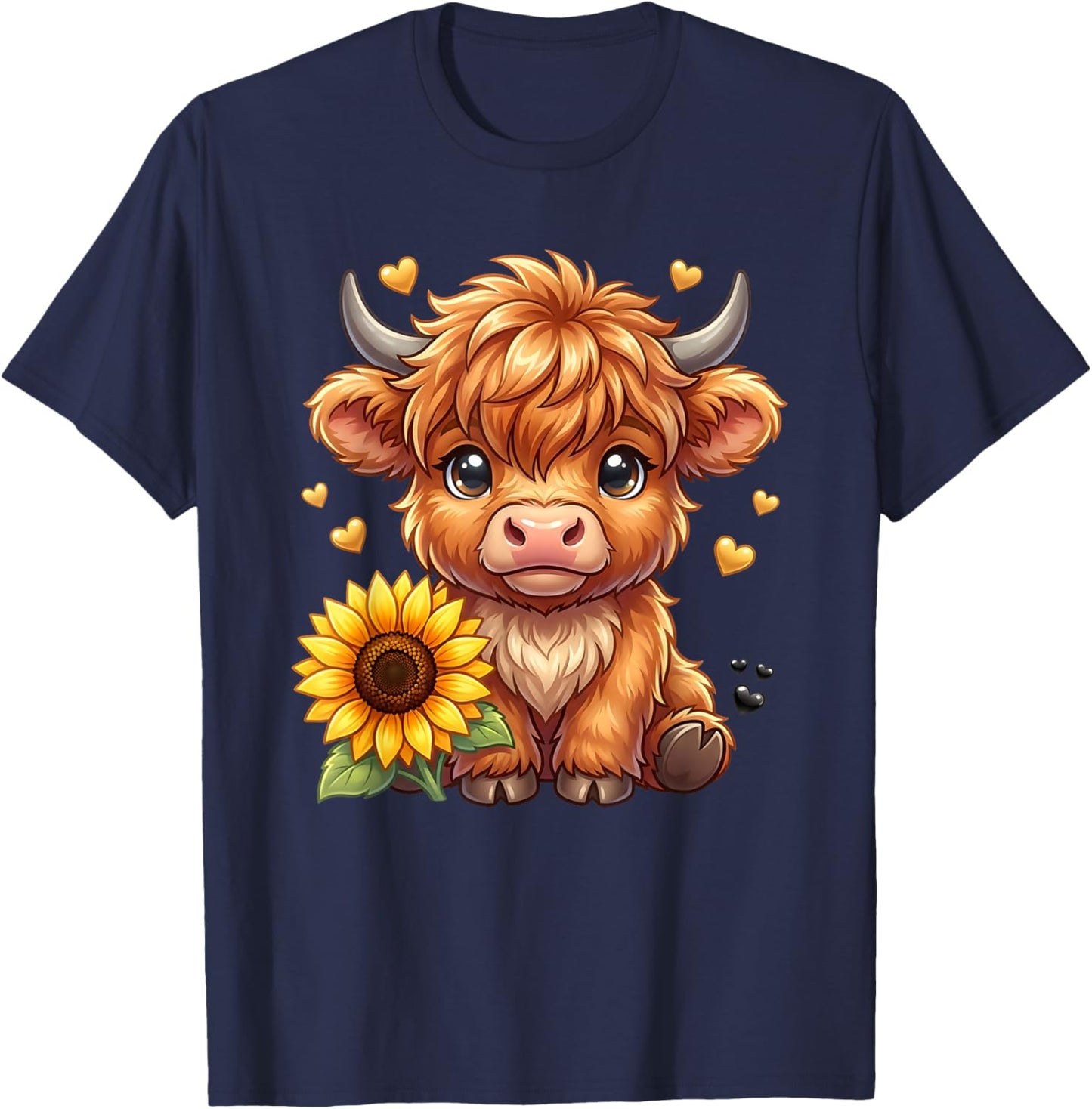 Highland Cow Sunflower Cute Floral Cow Girls T-Shirt - T-Shirt | Navy