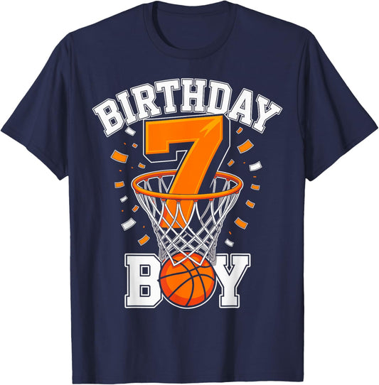 Basketball Fan Birthday Boy 7th Bday Party 7 Years Kid T-Shirt - T-Shirt | Navy