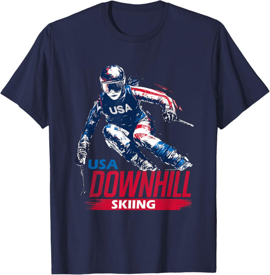 Downhill Skiing Patriotic USA Winter Team Ski Sports Graphic T-Shirt - T-Shirt | Navy