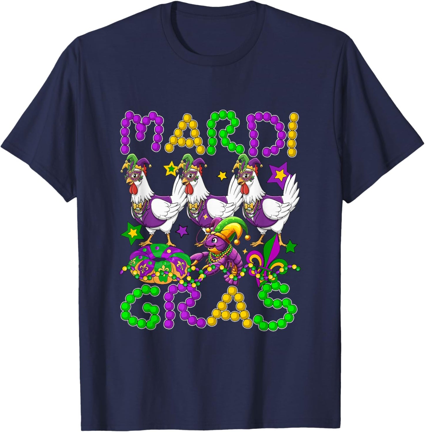 Mardi Gras Three Cute Chickens Beads Jester Hat Farmer T-Shirt - T-Shirt | Navy