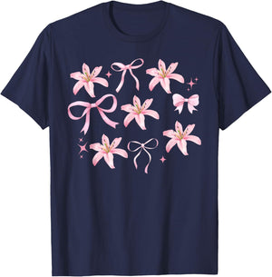 Pink Coquette Bow Lily Flower Botanical Garden Plant Lover T-Shirt - T-Shirt | Navy