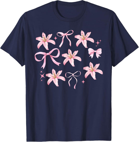 Pink Coquette Bow Lily Flower Botanical Garden Plant Lover T-Shirt - T-Shirt | Navy