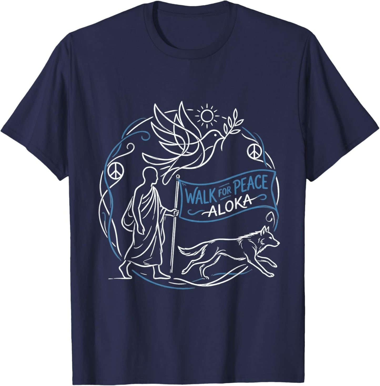 Buddhist Monk Walk for Peace Aloka Line Art Dove T-Shirt - T-Shirt | Navy