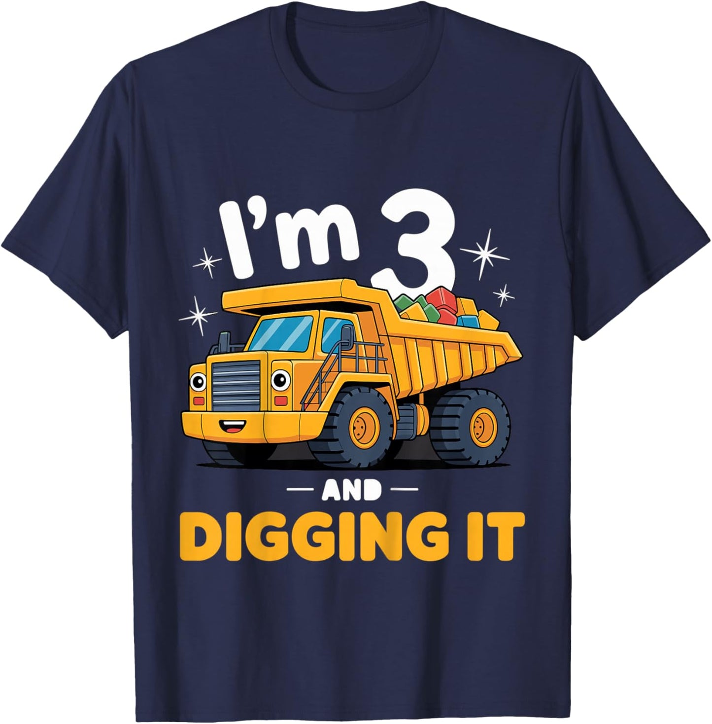 Kids 3 Year Construction Excavator 3nd Birthday Boy T-Shirt - T-Shirt | Navy