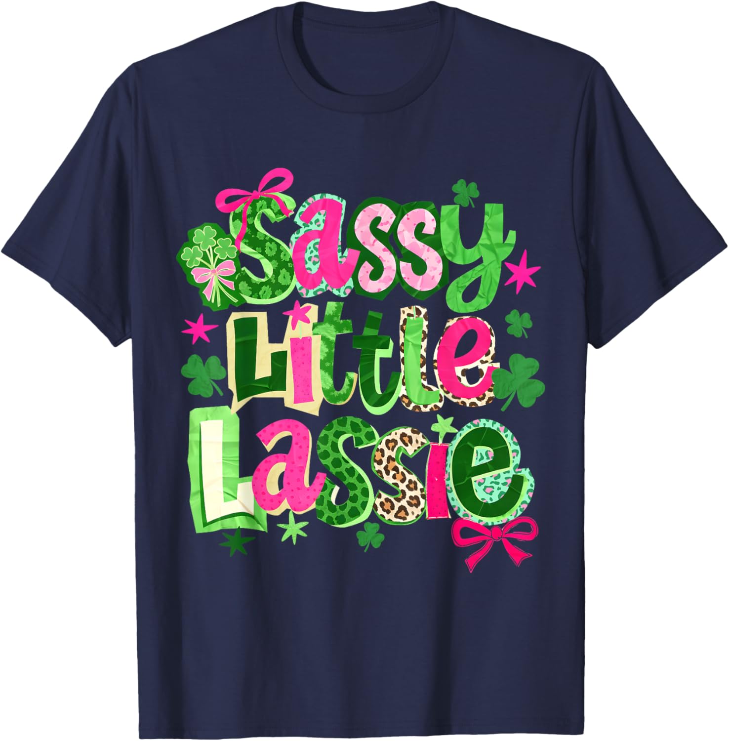 St Patricks Day Sassy Little Lassie Kids Girls Bow Shamrock T-Shirt - T-Shirt | Navy