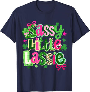 St Patricks Day Sassy Little Lassie Kids Girls Bow Shamrock T-Shirt - T-Shirt | Navy